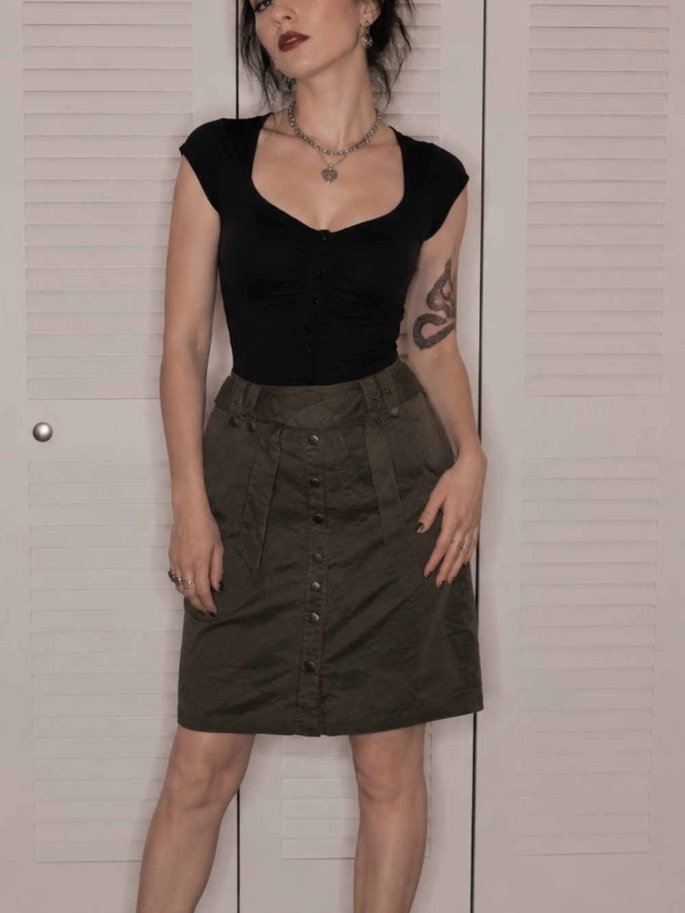 Living Dead Souls Olive Army Green Button-Front Pin Up Rockabilly Skirt